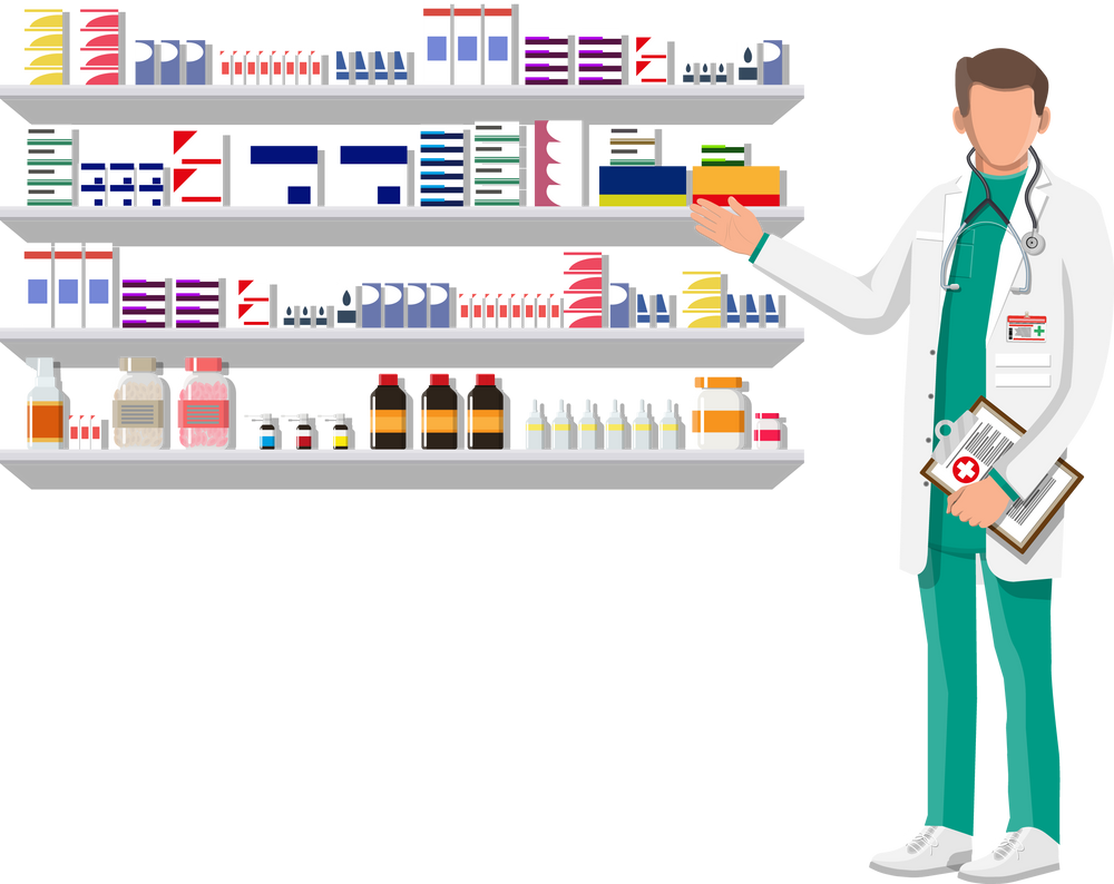 Modern Interior of Pharmacy and Male Pharmacist.